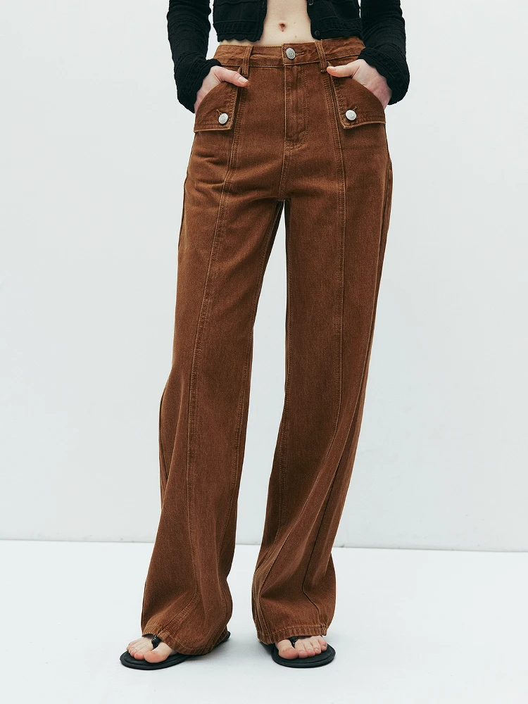 

Американские джинсы High Street в стиле ретро с прямыми штанинами и широкими штанинами кофейного цвета, джинсы со средней высокой талией, повседневная одежда, выцветший Wa