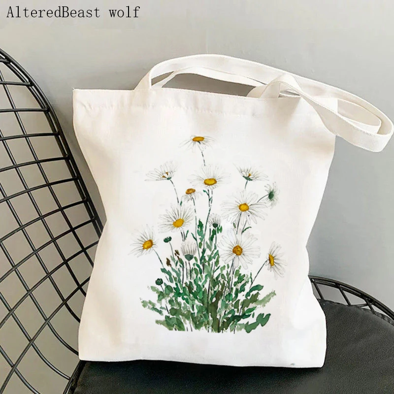 

Women Shopper bag white Margaret daisy watercolor Wildflowers Kawaii Bag Harajuku Canvas Shopper Bag girl Tote Shoulder Lady Bag