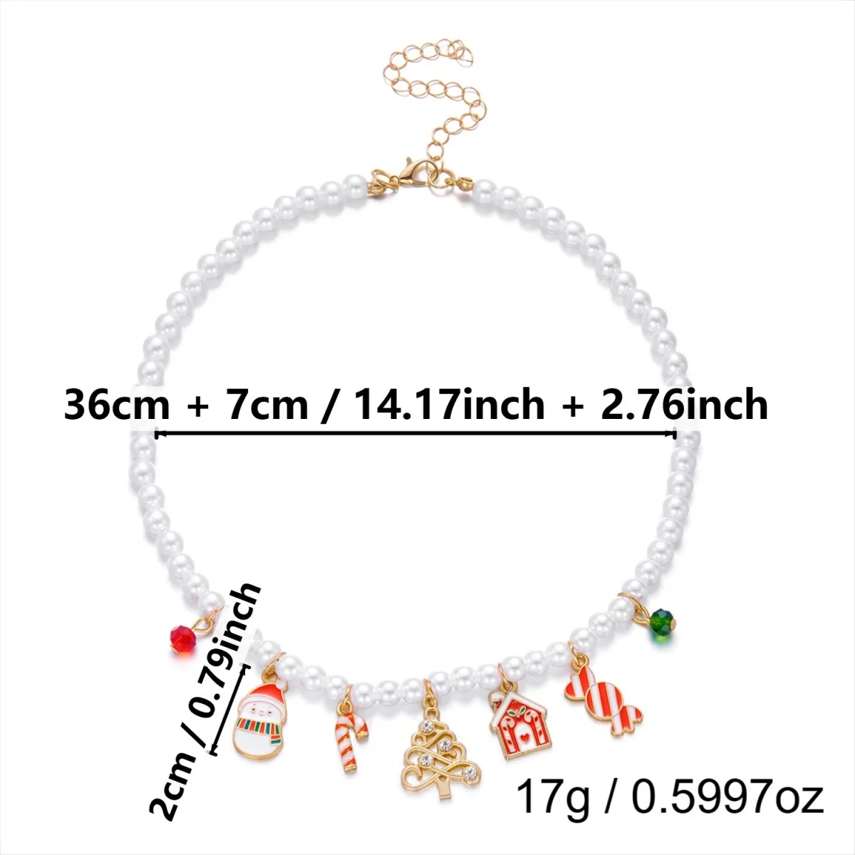 Weihnachts-Charm-Halskette mit Imitationsperlen für Damen, Emaille-Anhänger mit Lebkuchenmann, Schneemann und Rentier, verstellbarer Feiertagsschmuck, Geschenk – Detail 4