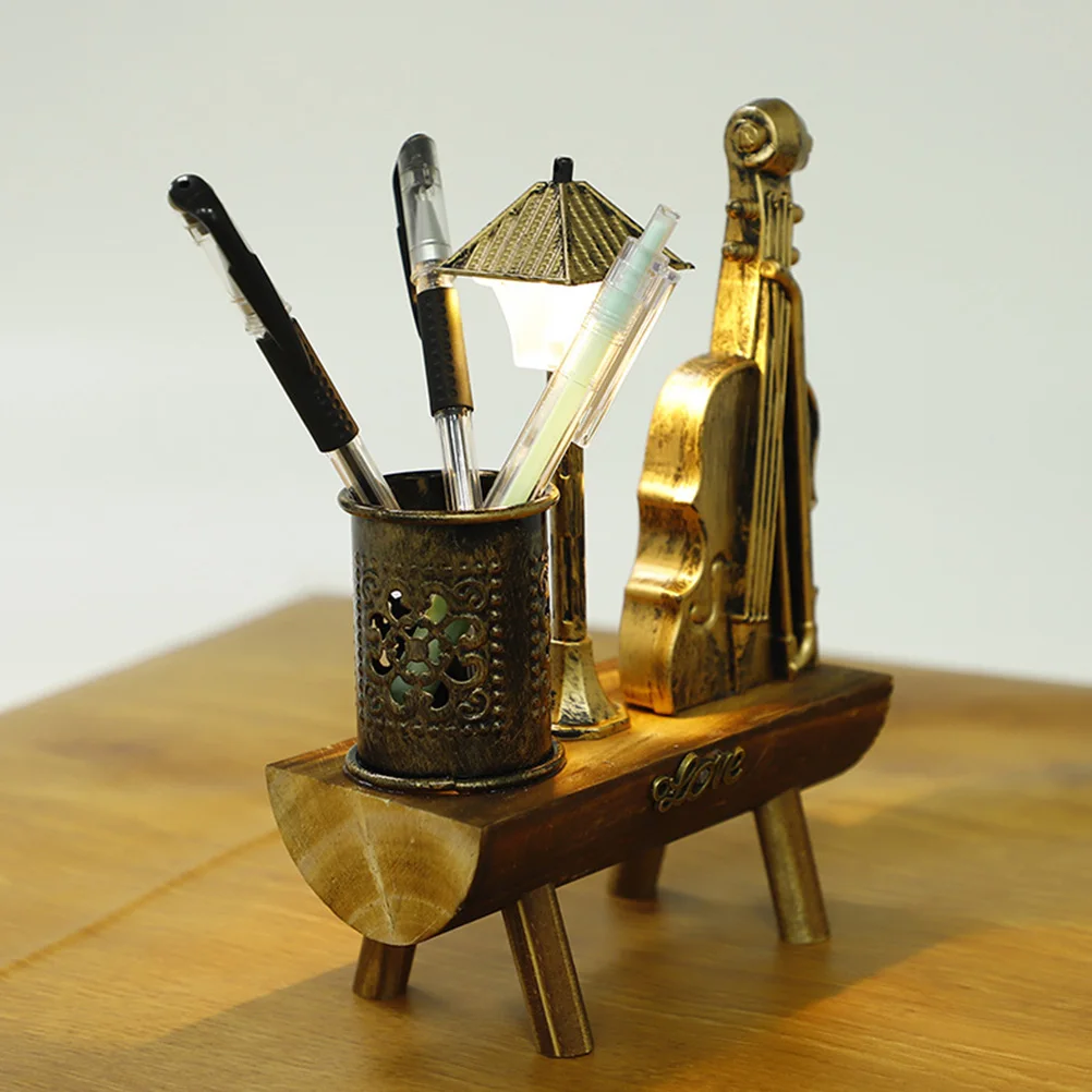 

Retro Violin Pen Holder Metal Stationery Container Desk ganizer Practical Gift Idea Office School Supplies Decorative