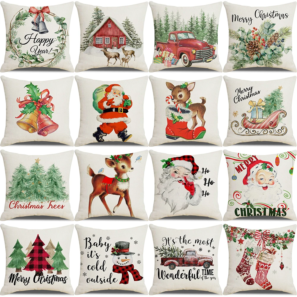 Christmas Decor Cushion Cover 18 Inches Linen Throw Pillow Case Xmas Home Decorations Santa Snowman Bells Stocking Pillow Covers