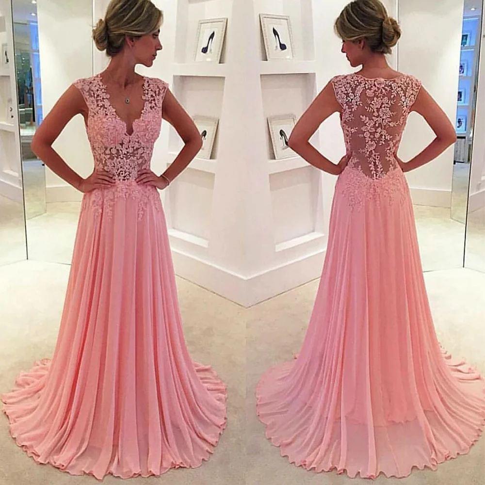 Pink Chiffon Evening Dresses Elegant Women's Sleeveless V-Neck A-Line Lace Applique Princess Prom Gowns 2023  Robe Soireé Femme