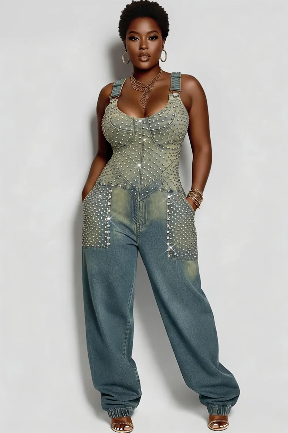 Plus Size Festival Light Blue Drilling Casual Denim Jumpsuits