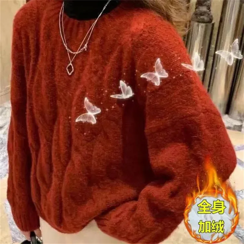 

Korean Ladies Student Knitwear Outwear Women Pullover Round Neck Sweater Coat Autumn Winter Female Solid Color Knit Jacket