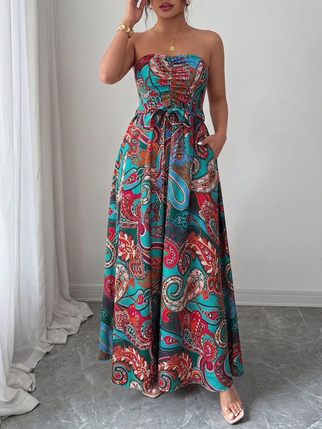 

Boho Paisley Print Strapless A-Line Floor-Length Maxi Dress For Women Summer Vacation