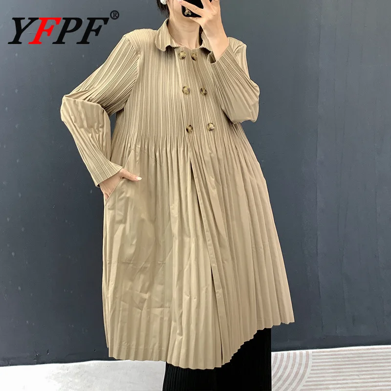 

YFPF Autumn Winter New Women's Coat Miyake Pleated Design Solid Color Button Loose Windbreaker Fashion 2025 Clothing