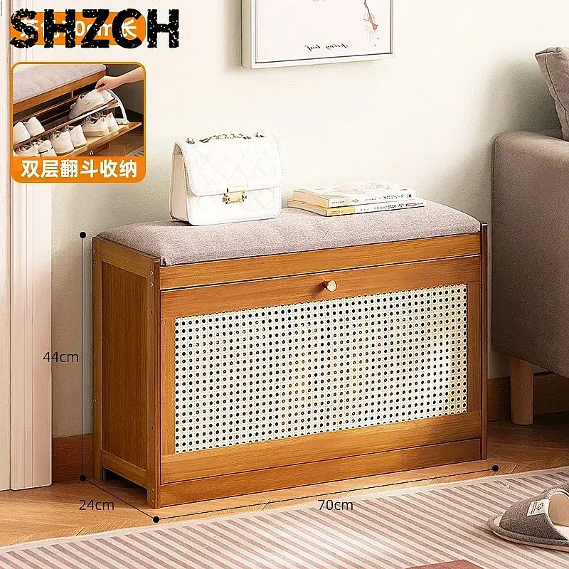 Natural Bamboo Shoe Cabinet Stool with Cushion Tipping Bucket Storage Entry Bench