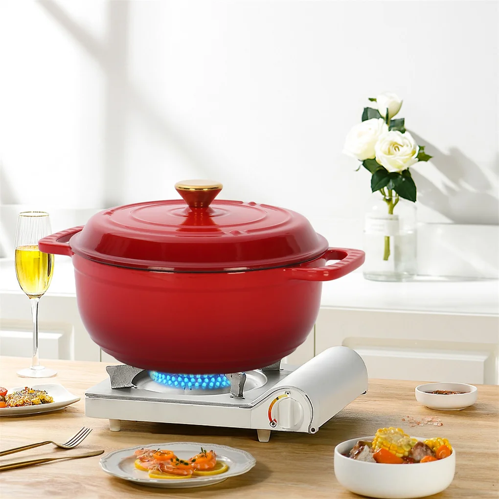 

Чугунная кастрюля 7,5QT — градиентный красный цвет — включает два силиконовых перчатка — эмалированный горшок