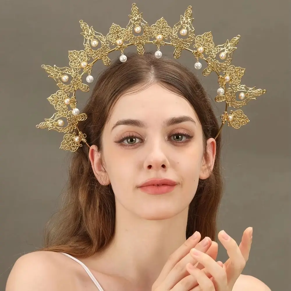 Alloy Pearl Crown Floral Filigree Draped Pearl Chains Ornate Tiara Faux Pearl Gold or Silver Finish Crown Headpiece