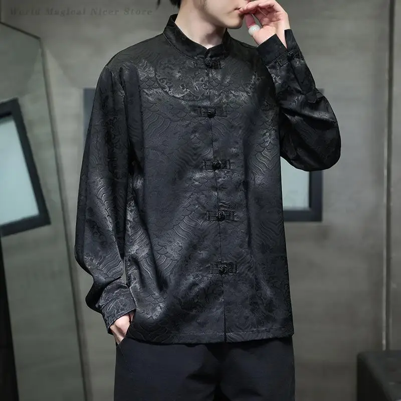 2025 جديد الرجال النمط الصيني خمر قميص رجالي بلايز تانغ دعوى التقليدية التنين نمط كم طويل الوقوف طوق قمصان سوداء