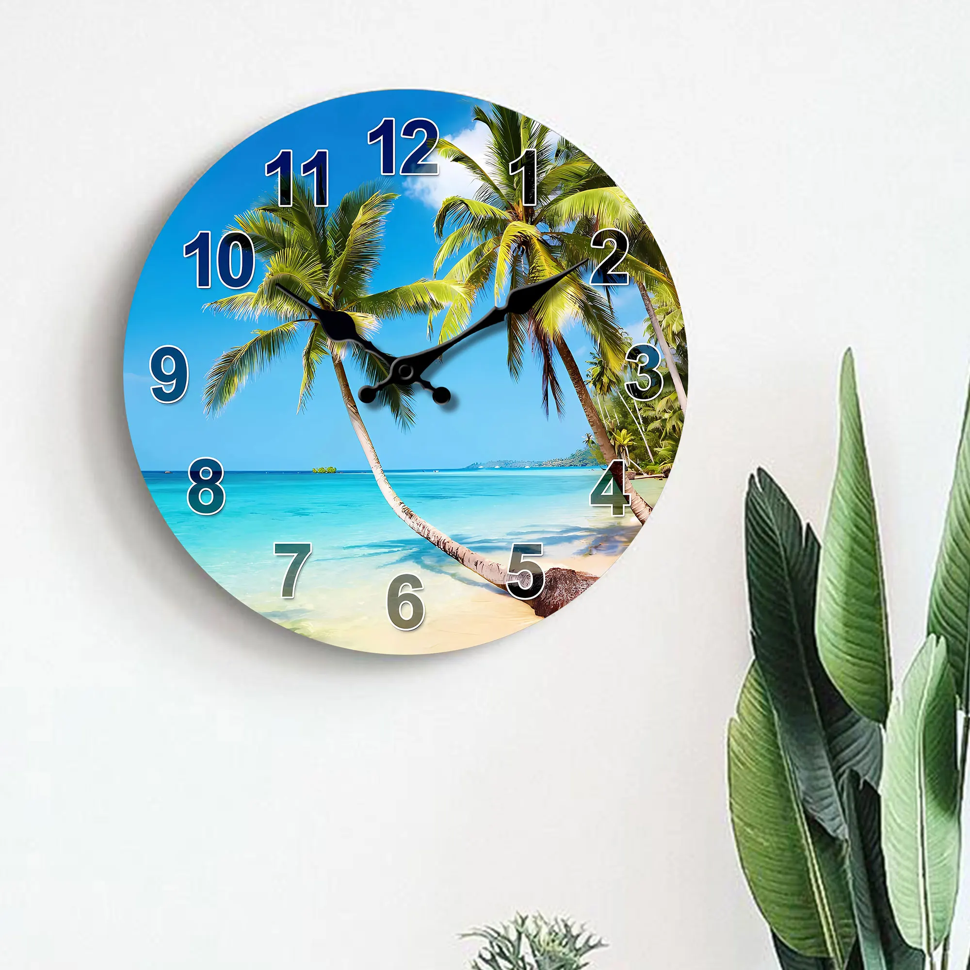 1pc round wooden wall clock, tropical summer blue Sky beach and coconut tree design wall clock, silent clock, for living room be