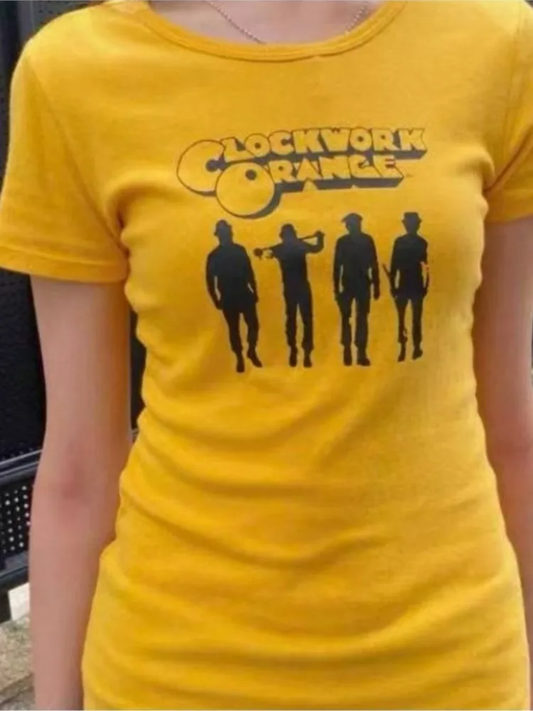 

Rock Band Print Cotton T-shirt Women Summer New Bright Yellow Casual Slim O-neck Short Sleeve Tees Vintage Simple Sweet Tops Y2K
