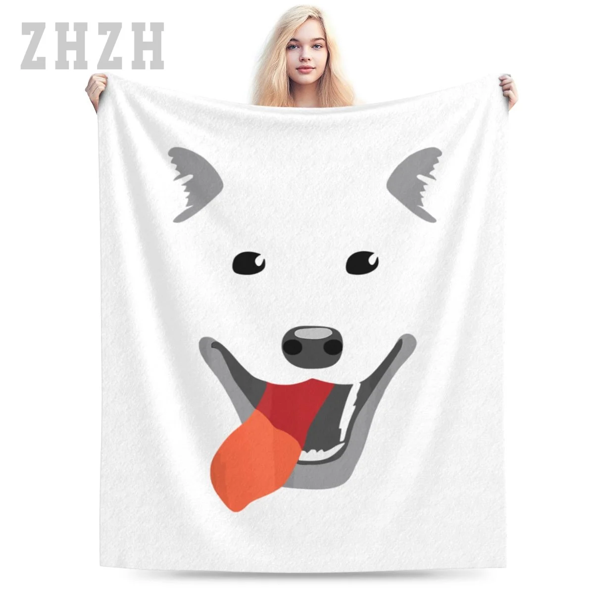 Blanket Cute Samoyed Dog Face Flannel Multifunction Outdoor Camping Sofa Cover Keep Warm