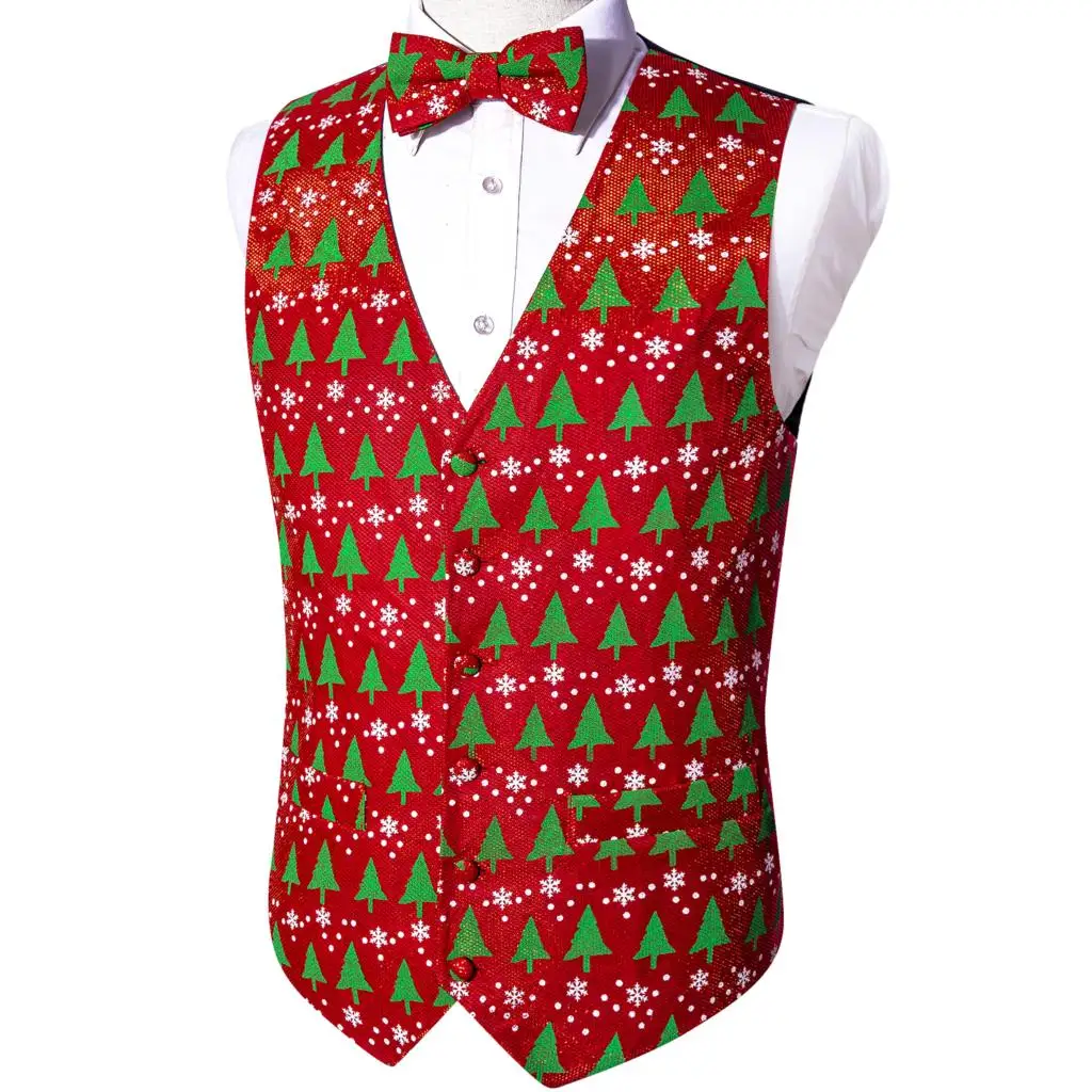 Designer Vest for Men Silk Red Green White Snowflake Christmas Trees Grow Ornament Waistcoat Tie Bowtie Set Party Barry Wang