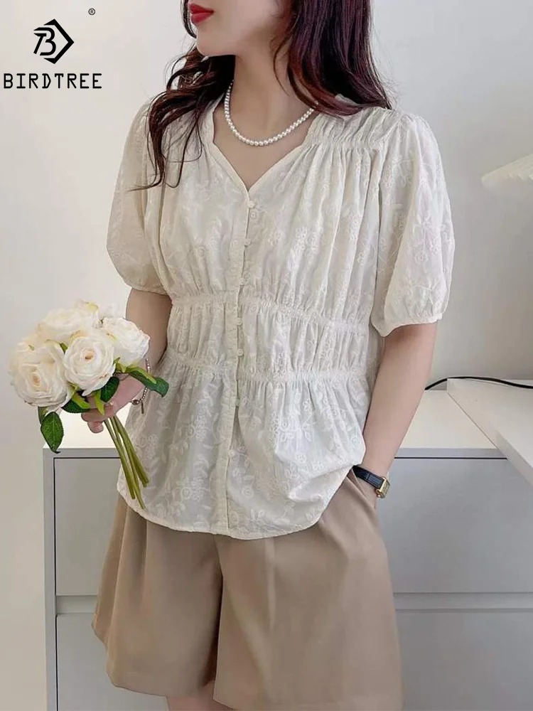 

New Spring Cotton Fashion V-Necks Shirt Women Short Sleeve Embroidery Tops Girl Slim Waist Casual Blouses 2024 Summer T44706QM