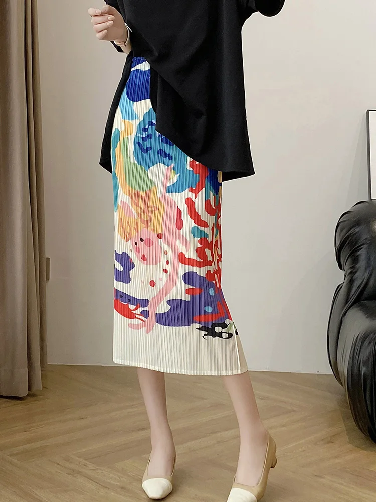 Summer New High Waist A-Line Skirt Women's High Elasticity Polyester Fiber Printed Pleated Long Split Three Houses Style
