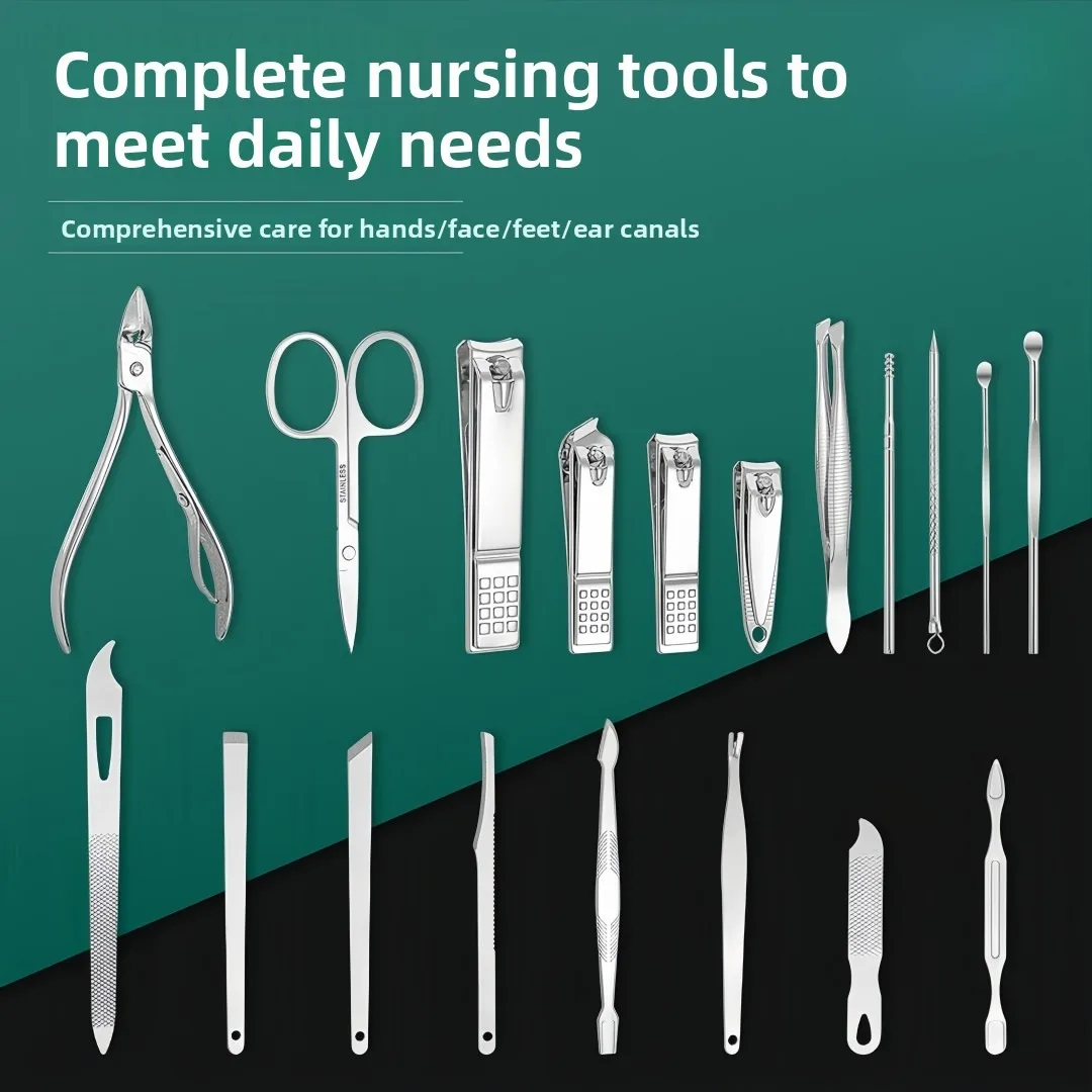 스테인리스 스틸 손톱깎이 19종 세트, 사선 손톱깎이, 페디큐어, 귀이개, 스푼, 네일아트 세트