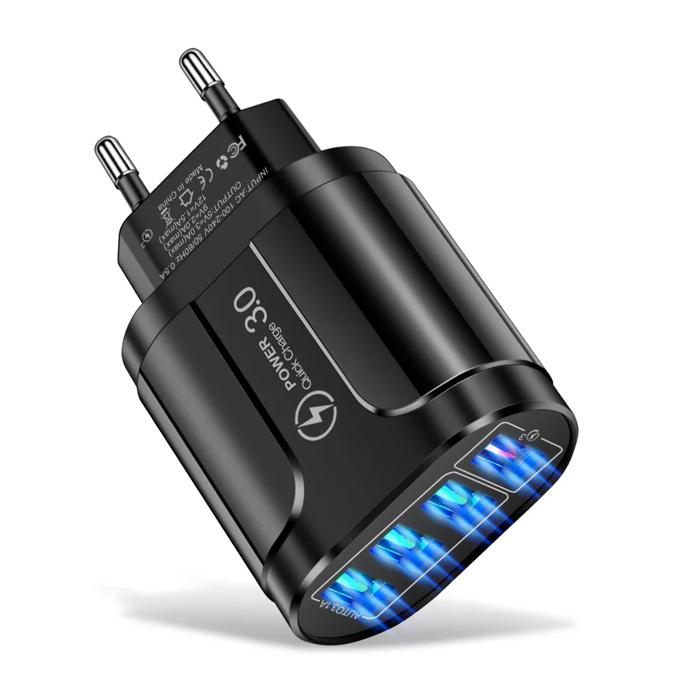 48W 4-Port USB Fast Charger QC3.0 Fast Charging Station for iPhone Samsung Xiaomi Tablet Travel Wall Adapter EU US KR Plug