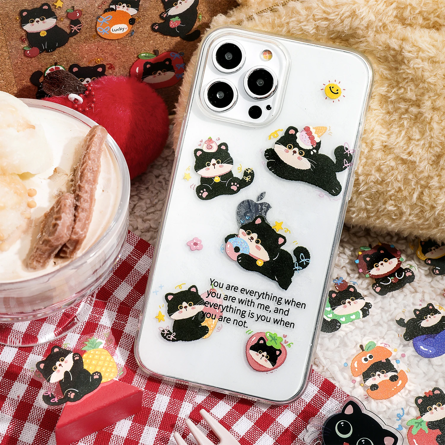 4PC Flat Sticker Coal Ball Party Series Creative Cute Cat Table Cleaning Bag DIY Illustration Theme Creative Stickers