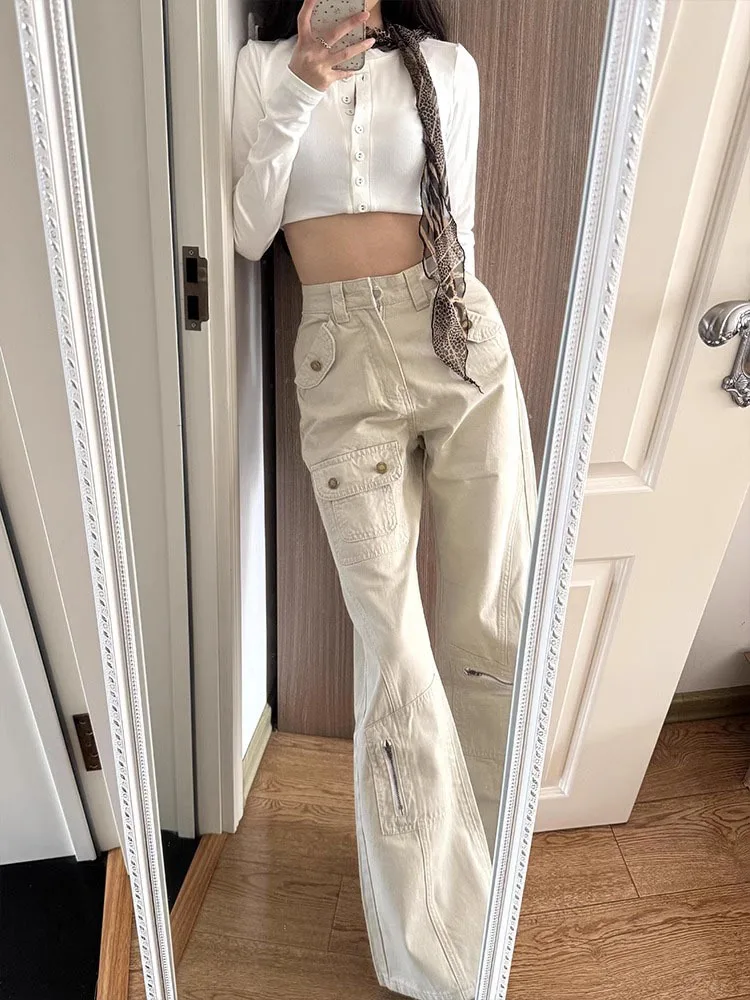 GG American Wide-Leg Cargo Pants Spring Autumn Multi-Pocket Metal Button Trousers Women's Loose Flare Zipper Casual Jeans