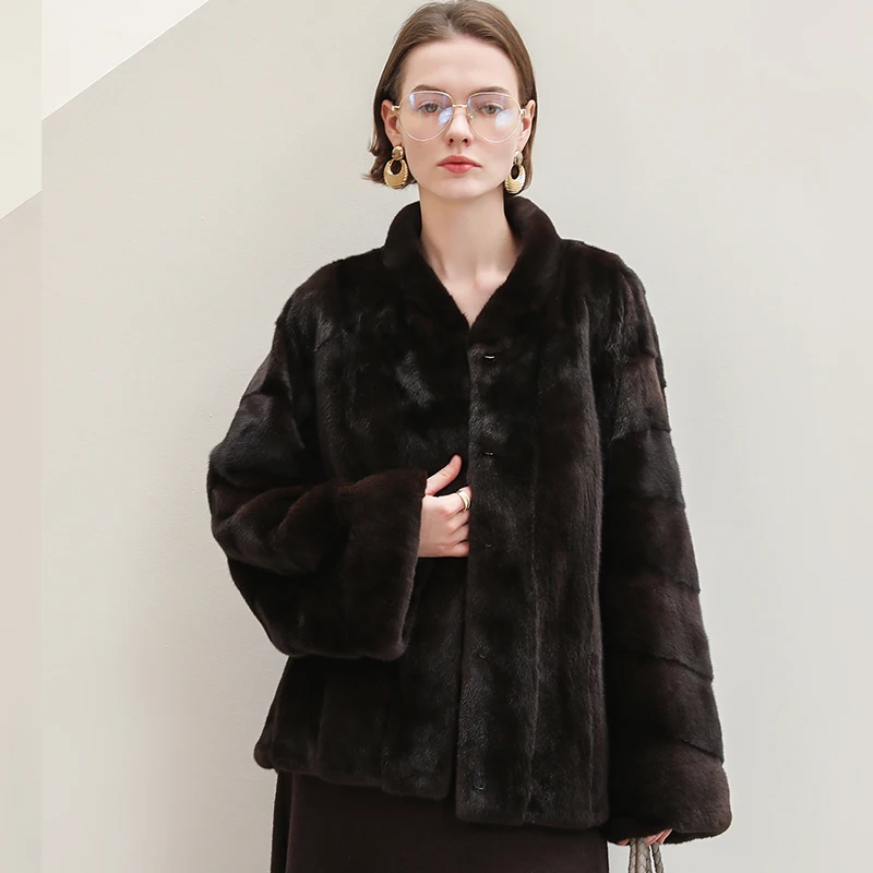 

Ftangaiur Winter Women Import Mink Coat V-Neck Full Sleeve Soft Solid Mink Coat Women's Luxury Short Real Mink Fur Coats
