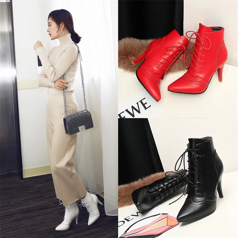 British Women Ankle Boots Red White PU Leather 9cm High Thin Spike Stiletto Heels Pointed Toe Vintage Winter Lace Up Lady Boots