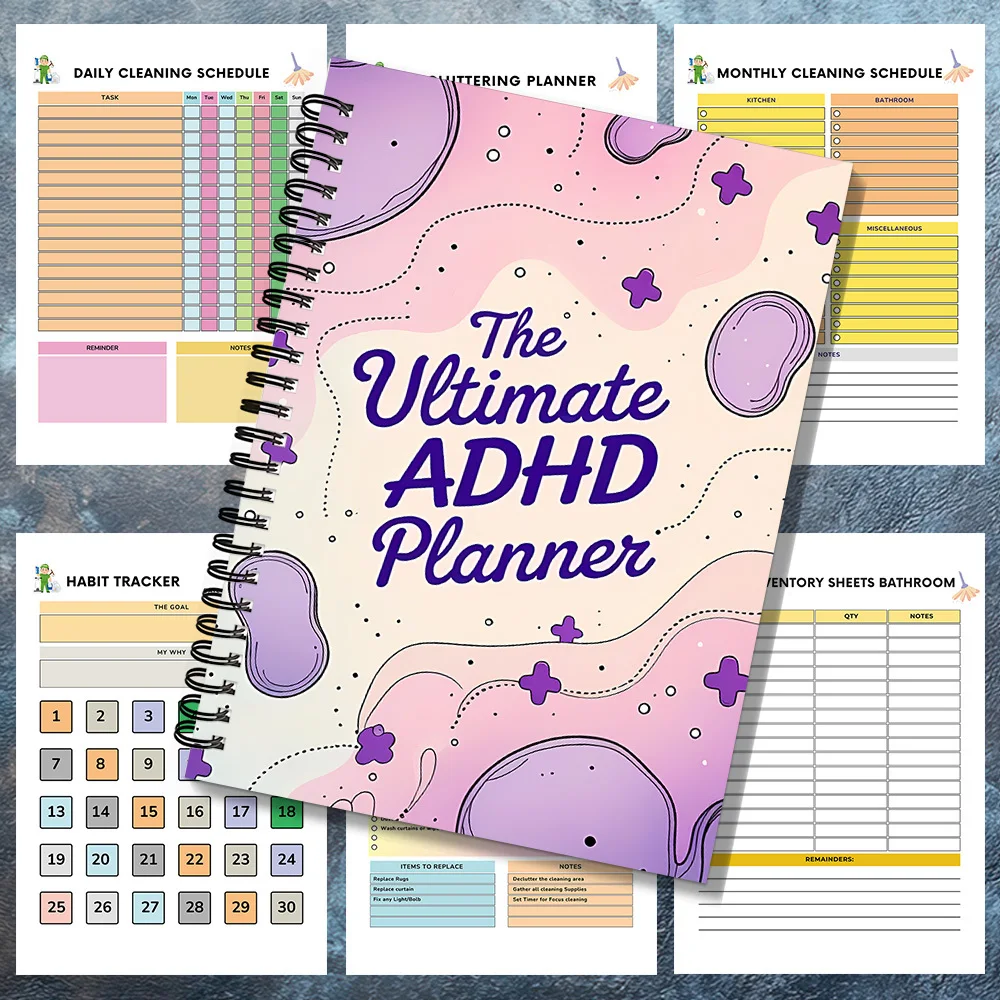 1 x Spiral-Notizbuch für ADHS, ADHS-Tagebuch und Produktivitätsplaner, Tagesorganisator mit motivierenden Abschnitten, langlebiges Spiral-Notizbuch