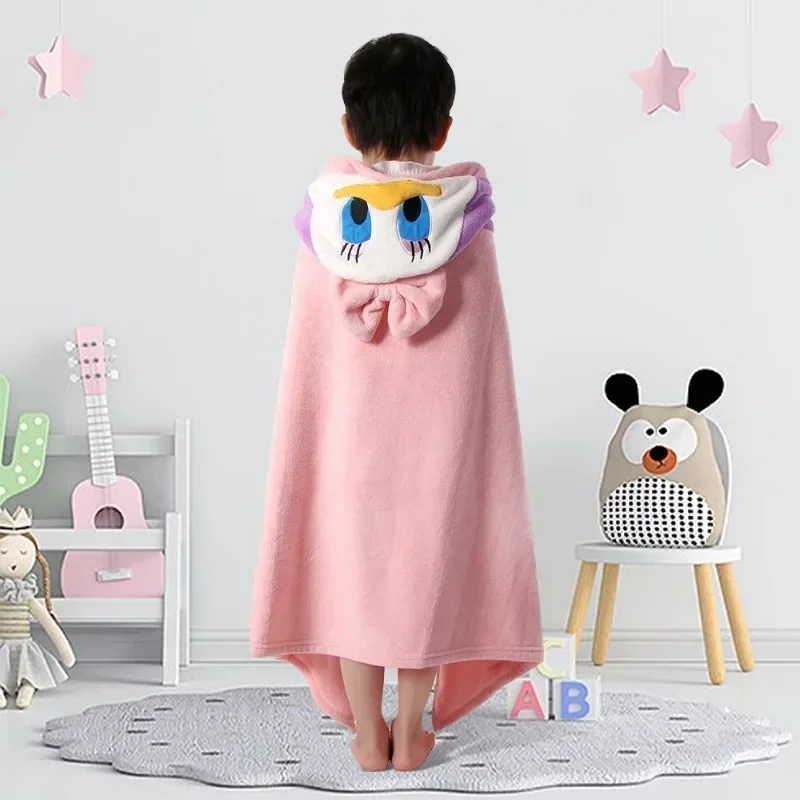 Kids Hooded Bathrobe Boys Girls Bath Towel Shower Cloak Coral Fleece Soft Sleeping Swaddle Blanket Beach Towel