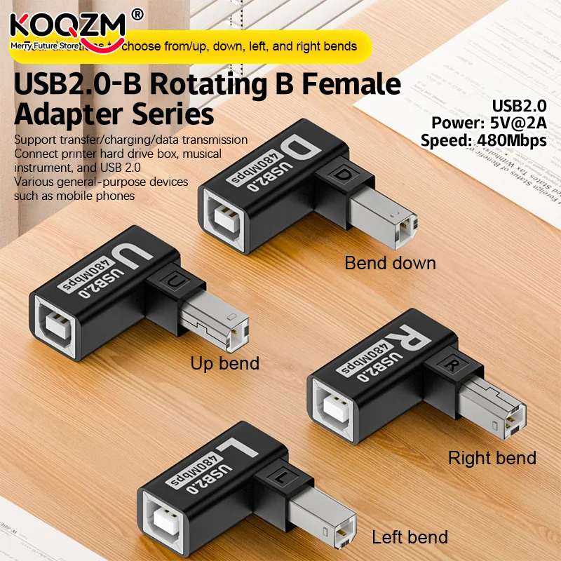 USB 2.0 Type B Print Adapter 90 Degree Up Down Left Right Angle Plug Extender Jack Male To Female Converter for Printer Scanner
