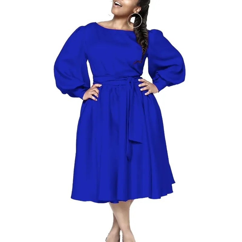 

Spring Fashion African Long Sleeve O-neck Blue Yellow Rose Red Polyester Party Evening Midi Dress Dashiki Africa Clothing