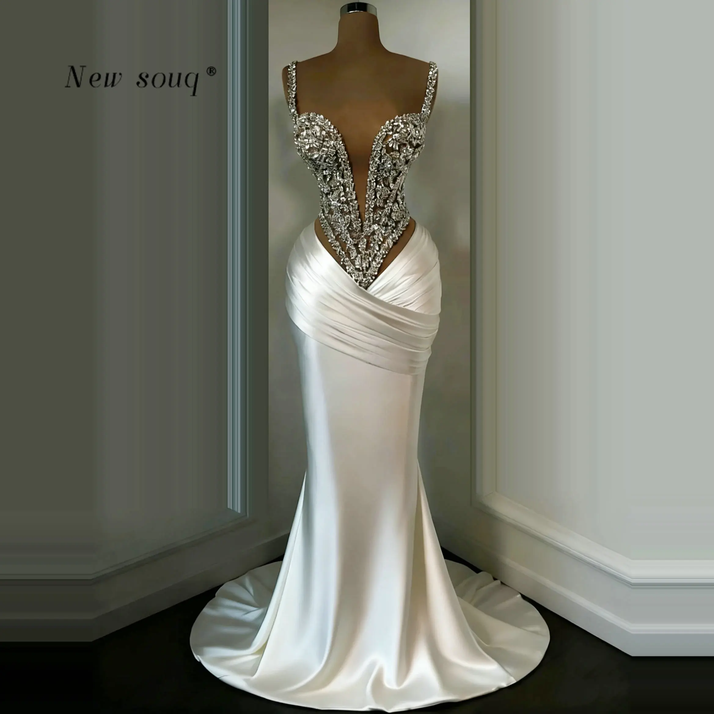 Lange witte zeemeermin satijnen avondjurken met glitter zilveren kristallen sexy diepe v-hals spaghettibandjes feestjurken op maat