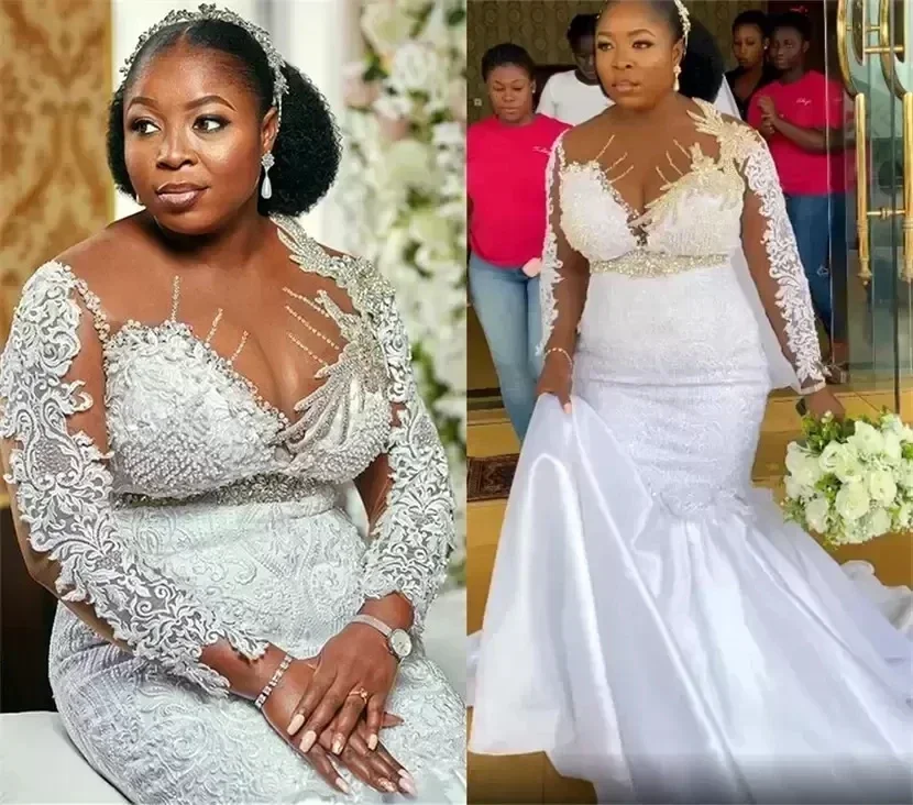 Vestidos de novia de talla grande de sirena personalizados, vestido de novia africano de manga larga de satén con cuello de joya, tren de barrido, encaje con cuentas de cristales