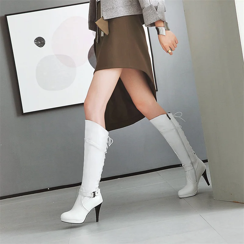 Winter Women Lace-up Platform Knee High Boots Red Black Spike Heel Round Toe Sexy Dress Party Lady Buckle Belt Zipper Long Boots