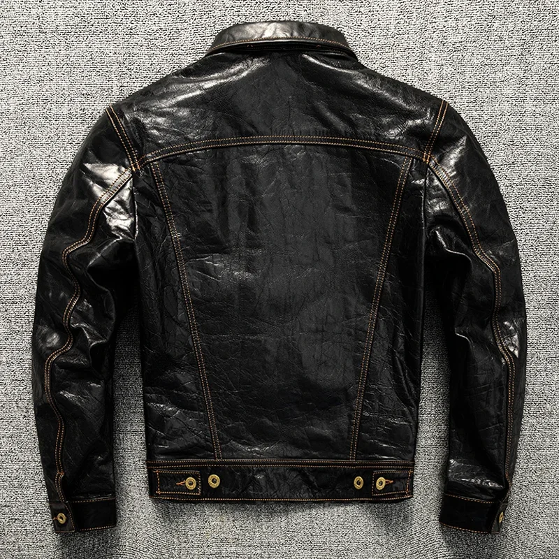 Top Layer Sheepskin Leather Jacket for Men, Vegetable Tanned Batik Storm Knight Lapel Short Denim Leather Jacket Jacket