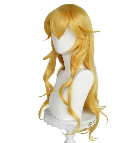 Synthetische 28 Zoll Lange Flauschige Wellenförmige Goldgelbe Anime Cosplay Perücke Mit Pony Für Frauen Weibliche Halloween Party Kostüm Prinzessin