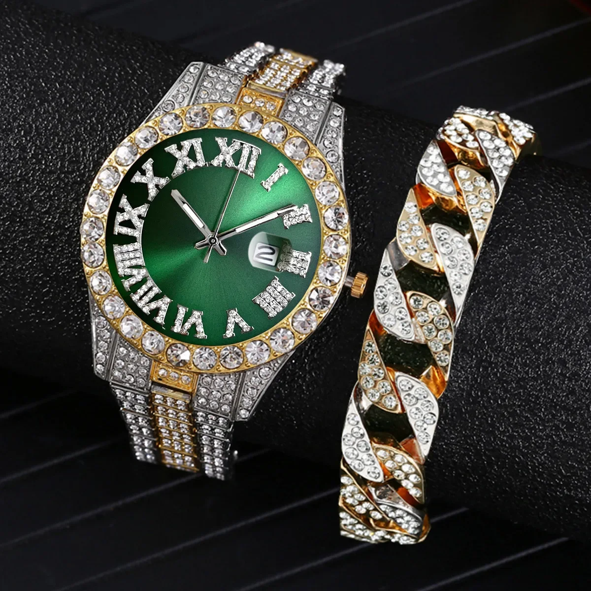 Luxury Classic Golden Men's Steel Strap Roman Scale Rhinestone Calendar Quartz Watch Fashion Male Wristwatches Relogio Masculino