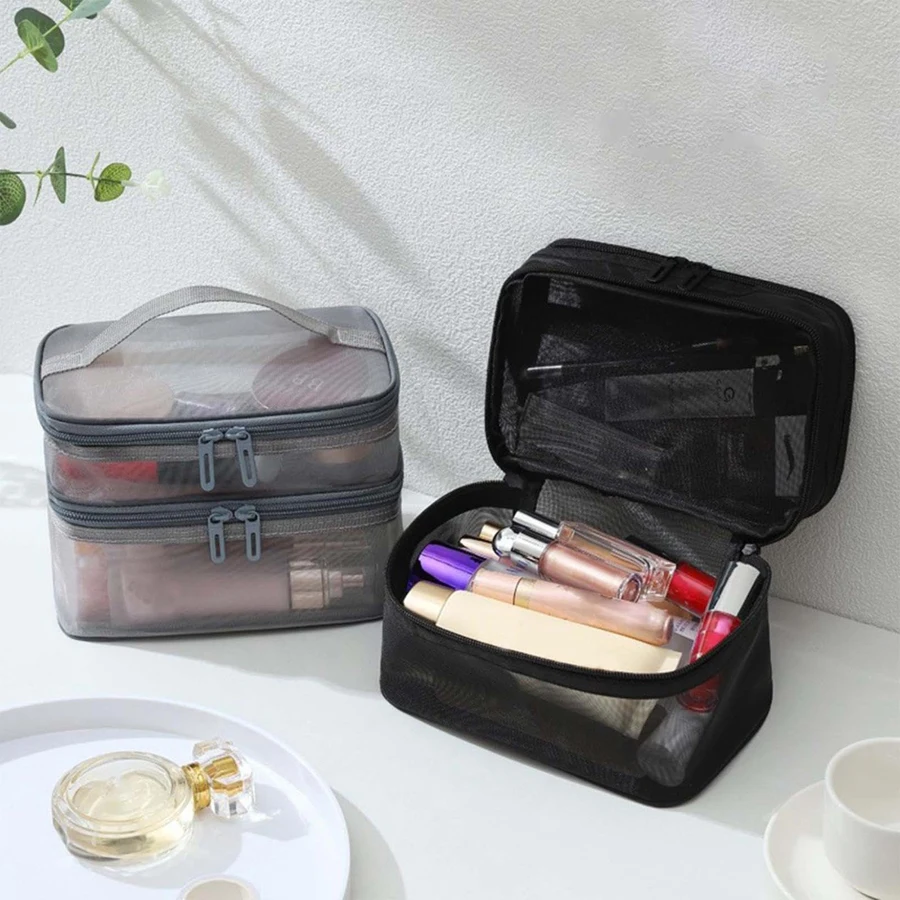 Women's Double-layer Mesh Makeup Bag Portable Large Capacity Toiletries Box Cosmetics Storage Tool