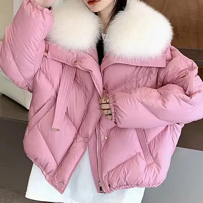 

Women's Down Jacket Overcoat 2023 Winter New Loose Imitation Fox Fur Collar Warm Parker Coat Thicke Short White Duck Down Coat