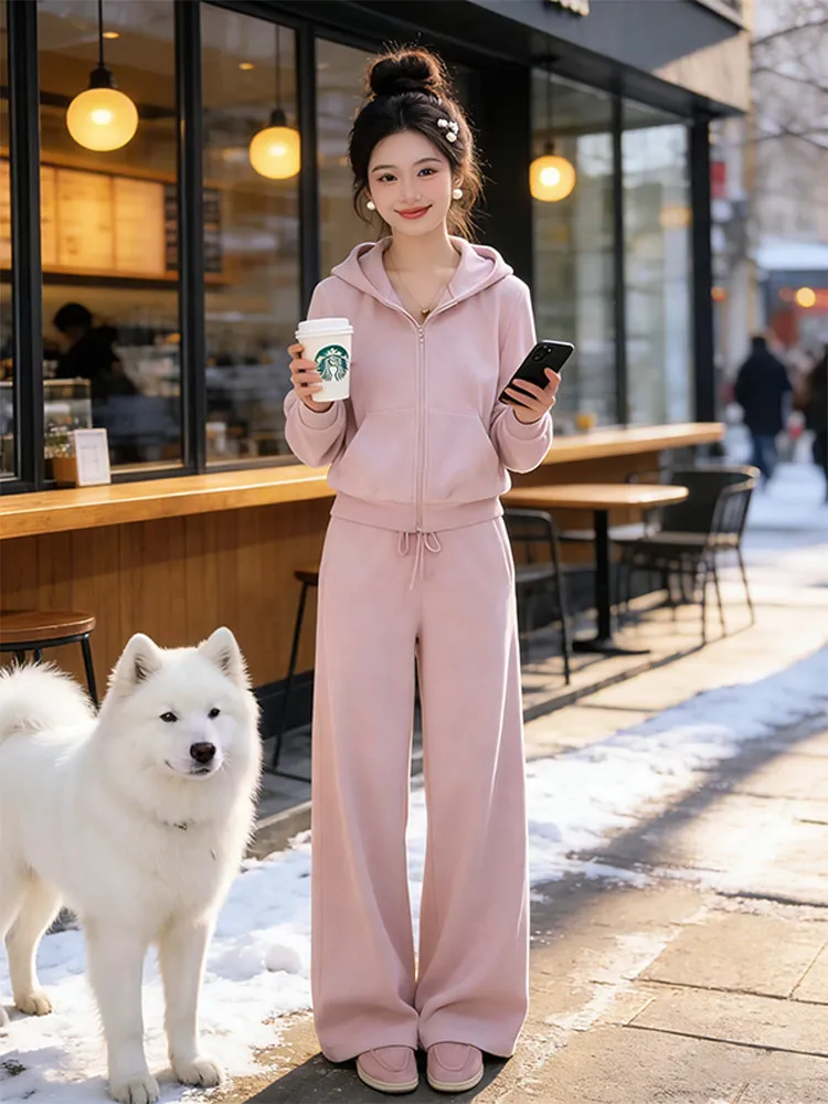 

Ele розовая толстовка с капюшоном и широкие брюки, комплект из двух предметов для женщин, повседневный спортивный костюм, осенняя мода для похудения, модный наряд