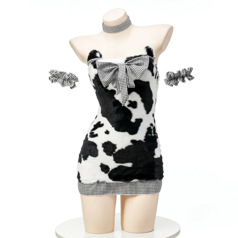 Sexy Cow Bear Plush Mini Dress Cosplay Costume Cute Girl Nightdress Bow Maid Uniform Role play Underwear Outfits Halloween Anime
