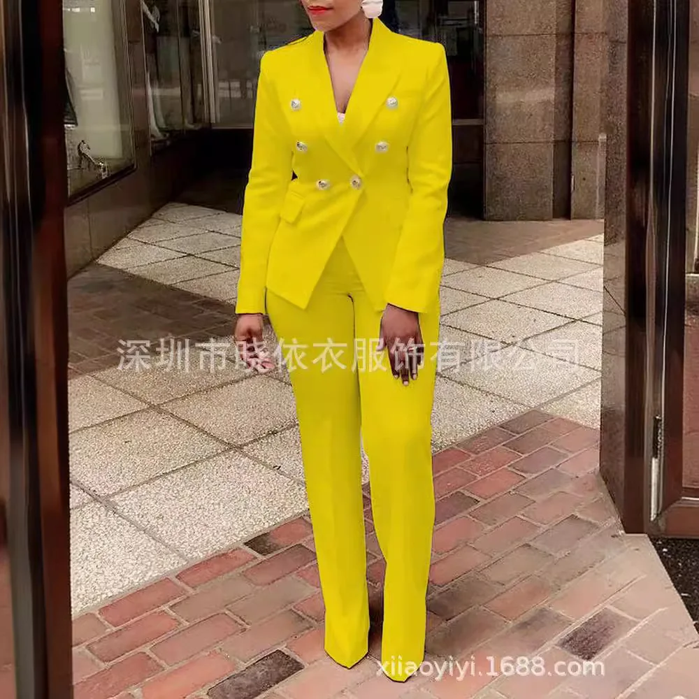 CM.YAYA Elegant Women Double Breasted Blazer Top Suit and Pants OL 2025 Two 2 Piece Set Outfits