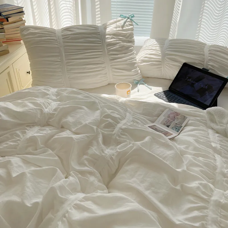 Solid Color Pleated Textured Soft Breathable Chic Princess 4pcs Bedding Set, Delicate Bows Twin Duvet cover Bed sheet Pillowcase