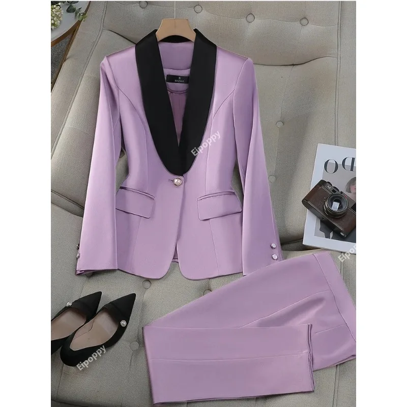 2024 New Office Ladies Pant Suit donna giallo rosso viola albicocca abbigliamento da lavoro femminile Blazer e pantaloni formale Set da 2 pezzi