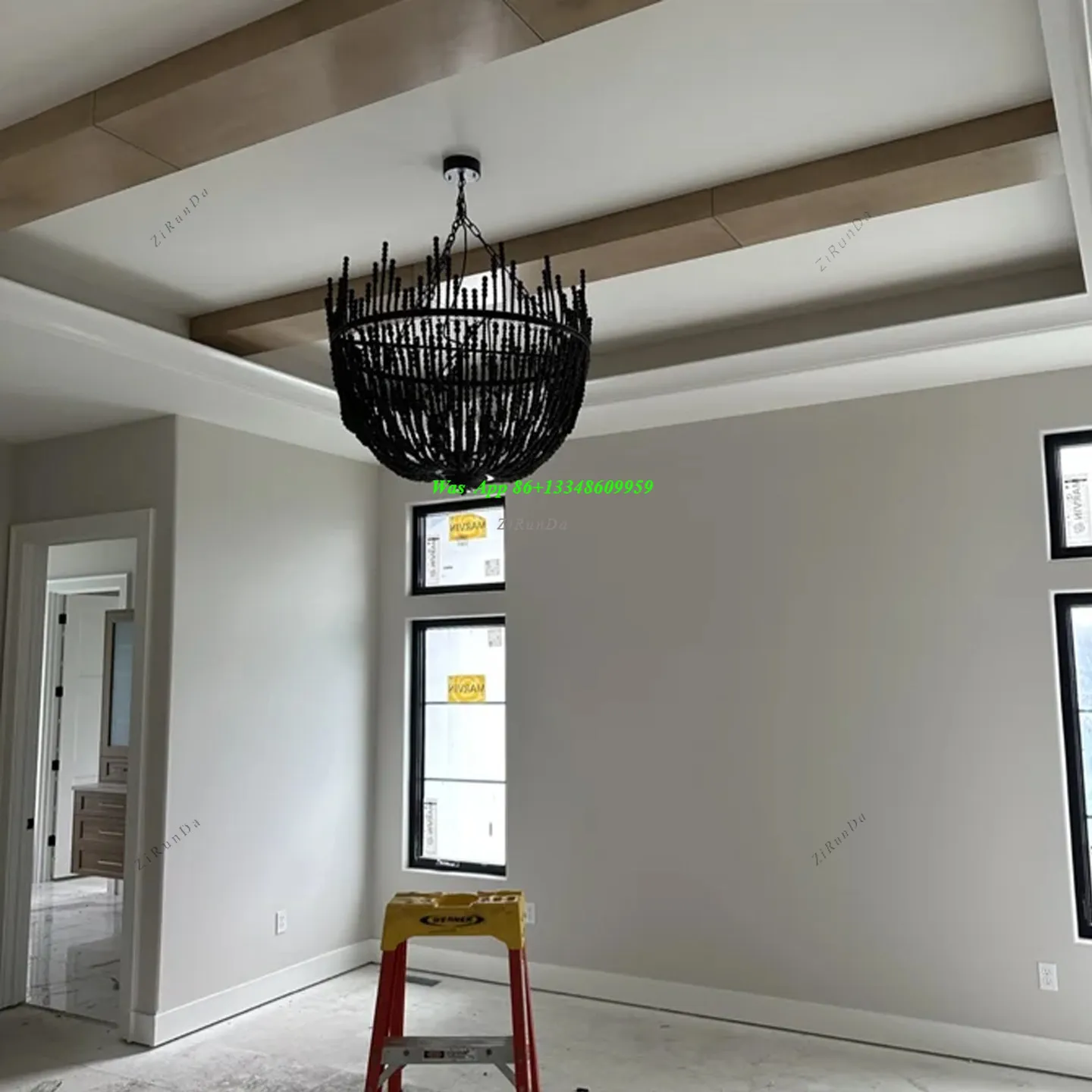 French Retro Romantic Black Wood Bead Chandelier, Villa Natural Wind Living Room Dining Room Stair Lamp