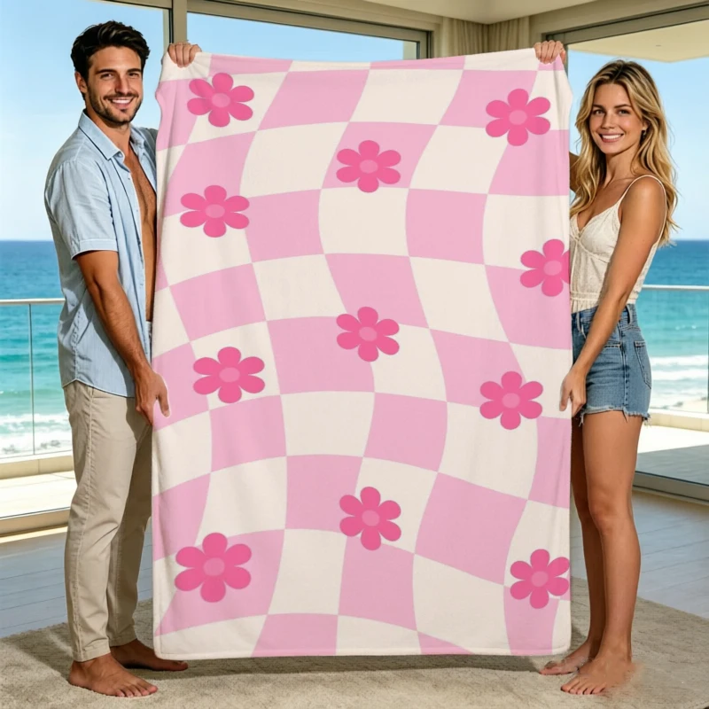 Green Checkerboard Smiley Heart Flower Flannel Blanket For Playful Bedroom Decor Soft Warm Throw Blanket Wrap