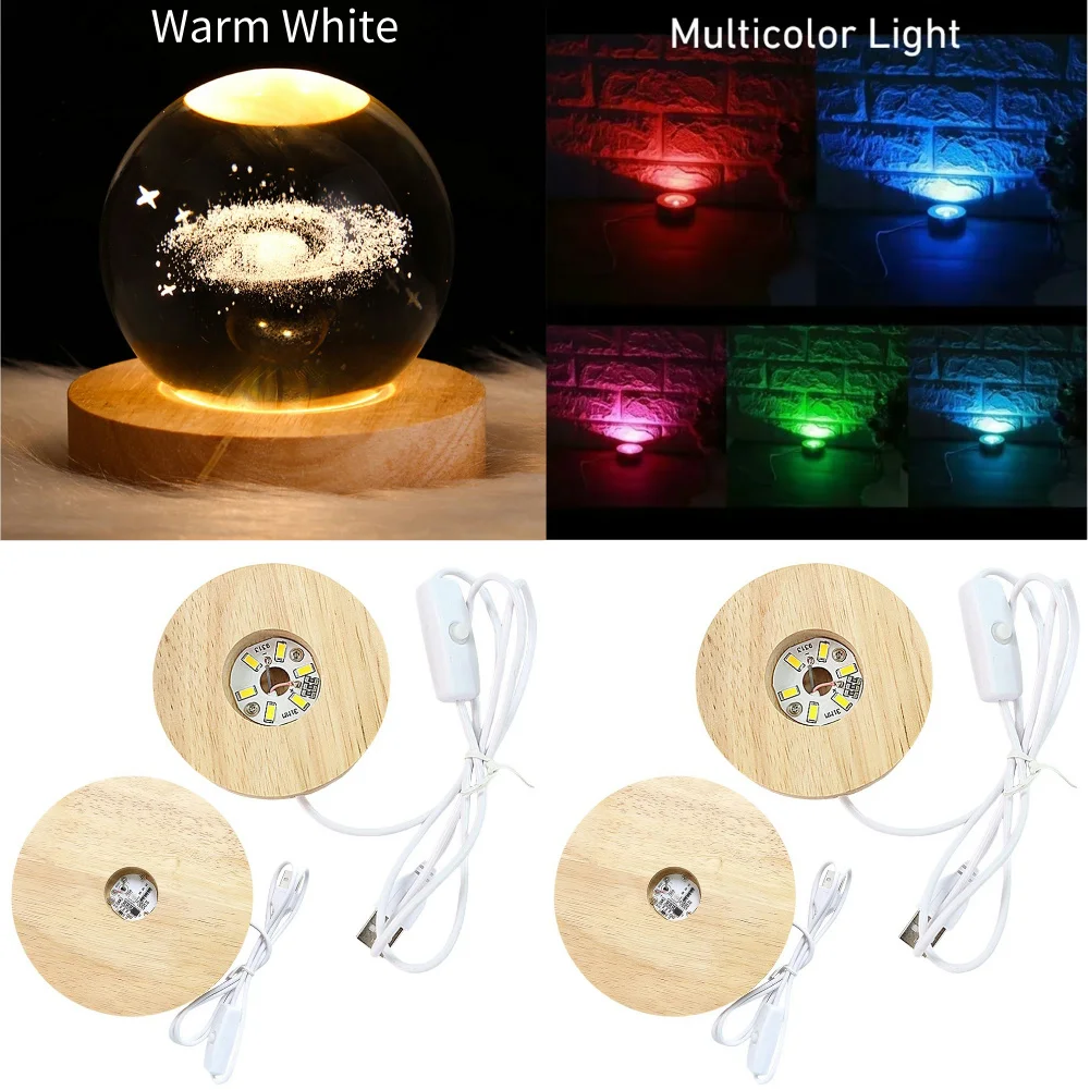 4 Inch Illuminated Display Base Wooden LED Night Light Base Round LED Display Stand for for Resin Glass 3D Crystal Acrylic