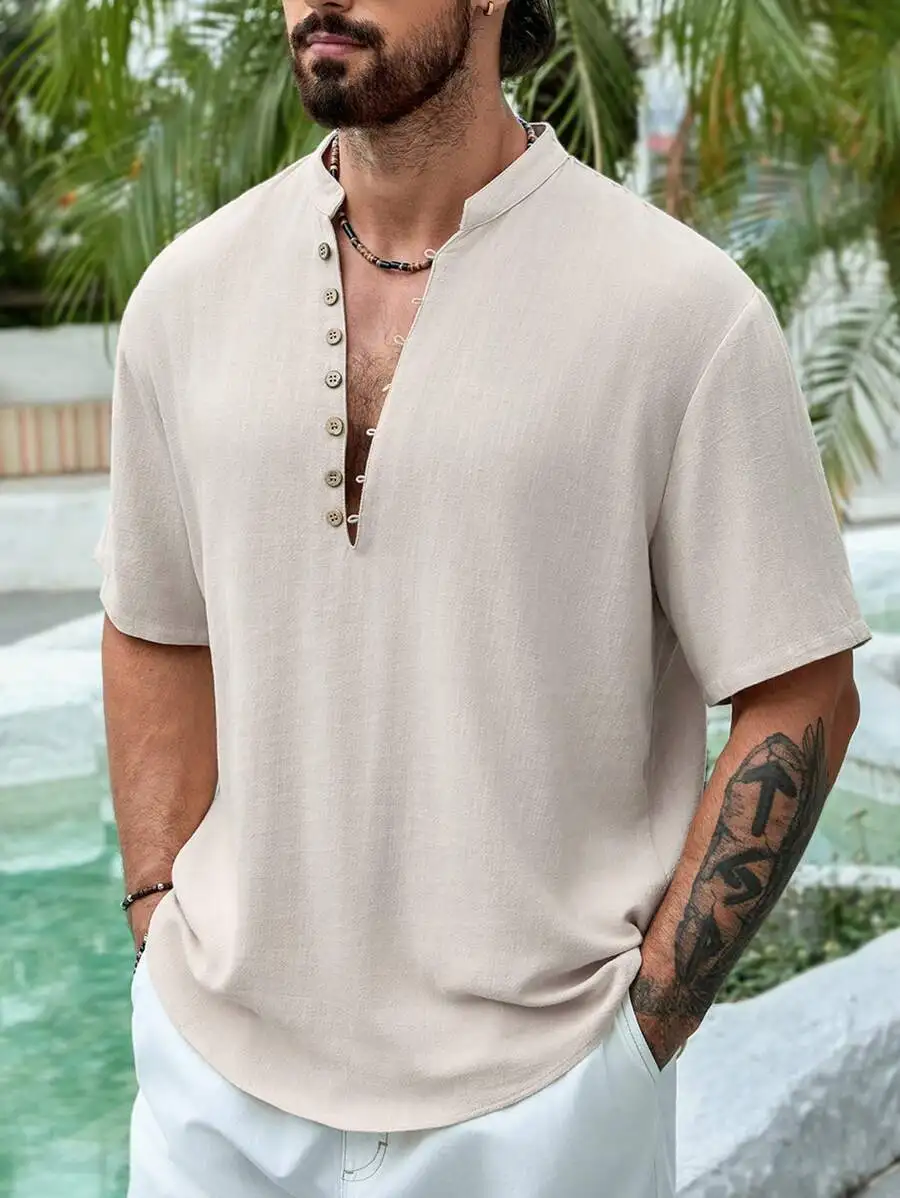 

Men's Short Sleeve Henley Shirt, Deep V-Neck, Linen Blend, Solid Color, Casual Summer Wear