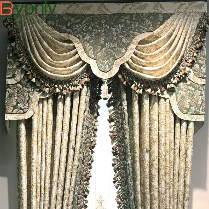 New American Plant Jacquard Beige Green Thick Curtains for Living Room Bedroom Villa Customization Valance Finished Product