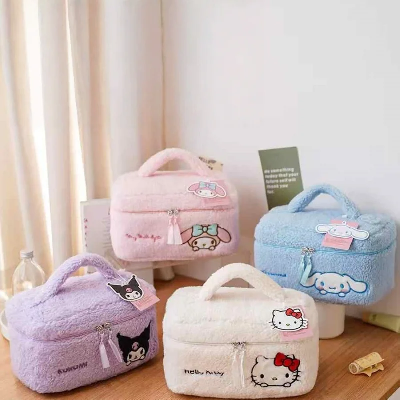 

Genuine Teddy Velvet Embroidered Makeup Bag Large Capacity Hello Kitty Melody Cute Autumn/Winter Plush Bucket Bag Girl Gifts