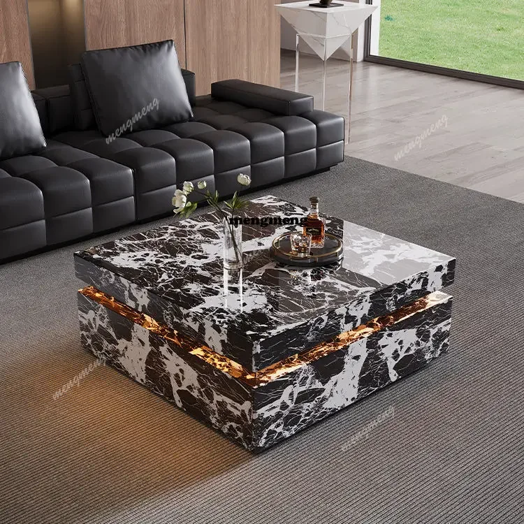 A4567 Intelligent square rock slab coffee table with lamp Modern simple light luxury black coffee table sensor light Living room